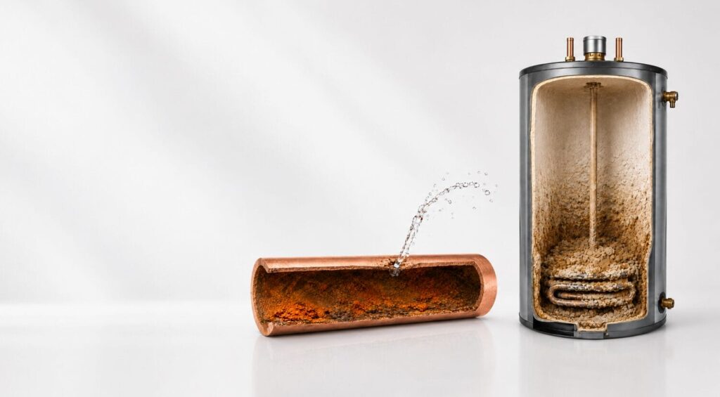 Cutaway of a corroded copper pipe beside a water heater tank filled with scale