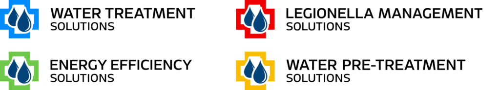 Four solutions logos, Water Treatment, Legionella Management, Energy Efficiency, Water Pre-Treatment