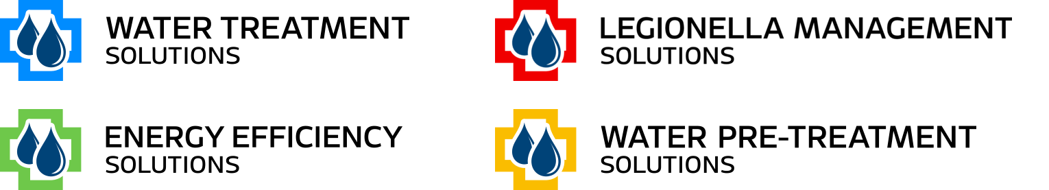 Four solutions logos, Water Treatment, Legionella Management, Energy Efficiency, Water Pre-Treatment